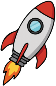 Cartoon rocket ship with a red nose and fins, blue window, and yellow-orange flames coming from the bottom, shown on a white background.